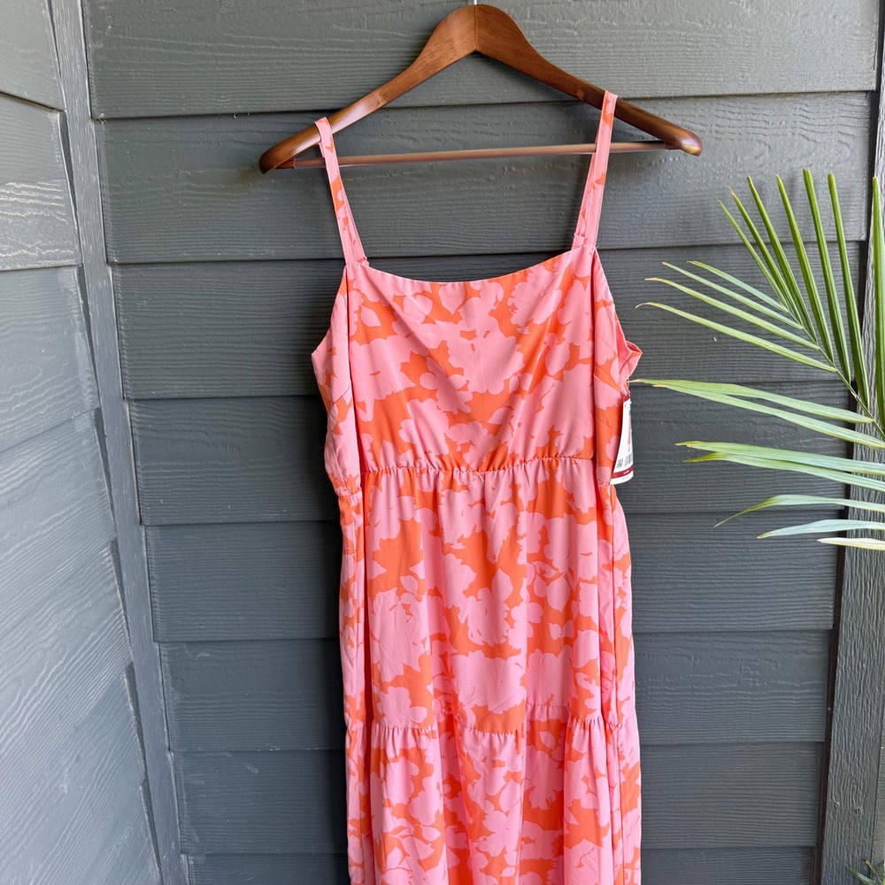 Social Standard Floral Smocked Back Midi Dress Pink Coral NWT XL Tiered